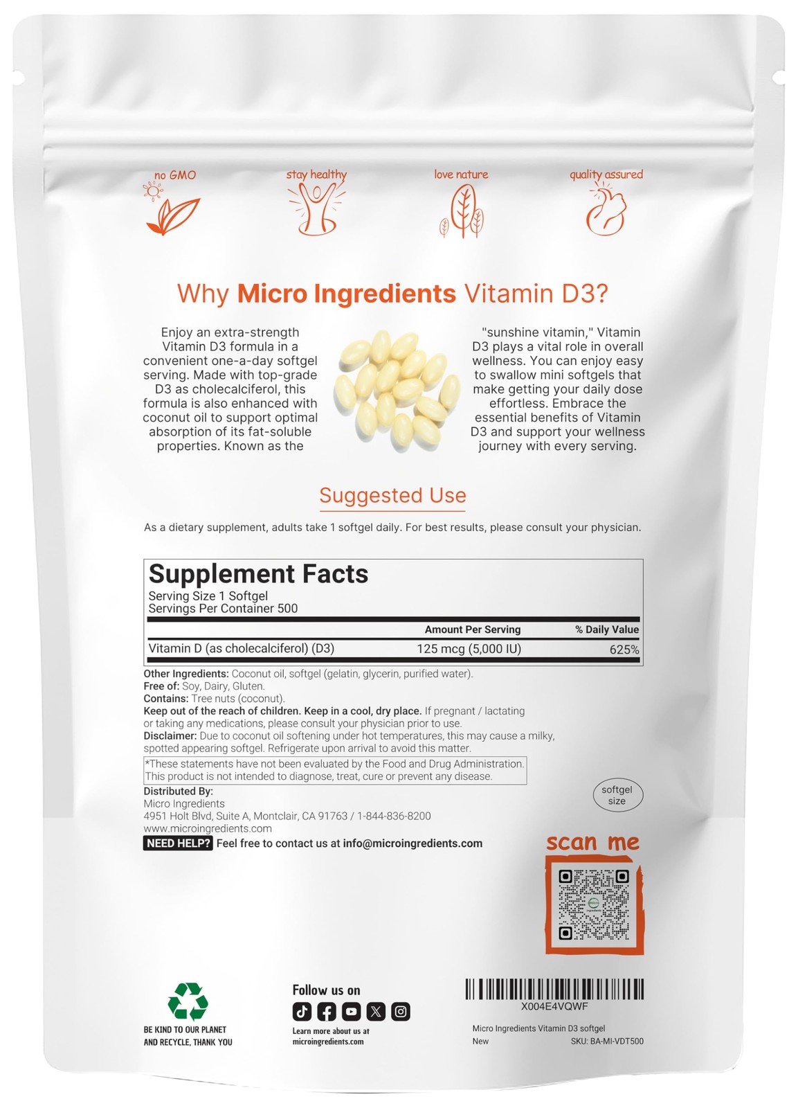 Vitamin D3 5000IU with Coconut Oil Supports Bone Immune Heart Health 500 SOFTGEL