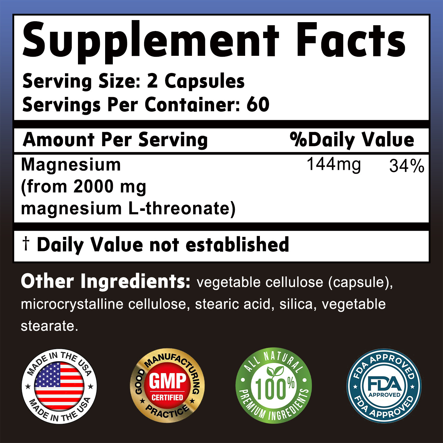 120pcs Magnesium L-Threonate 2000mg – Nootropic Brain Booster, Memory & Focus