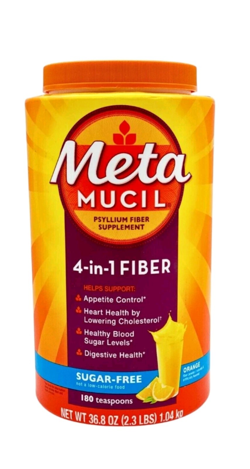 Metamucil Psyllium Husk Powder, Orange Flavor 180 Teaspoons Sugar Free 10/26+