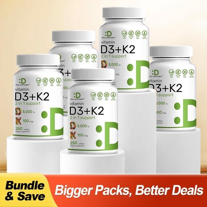NEW Vitamin D3 5000 IU with K2 MK7 250 Veggie Softgels Bone Immune Support