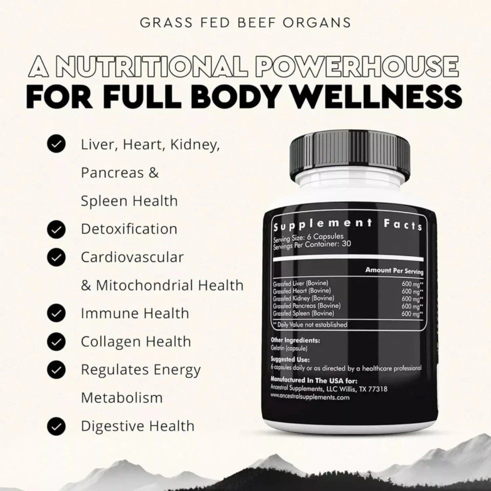 Premium new Ancestral Supplements Grass Fed Beef Organ Supplement 180 Capsules