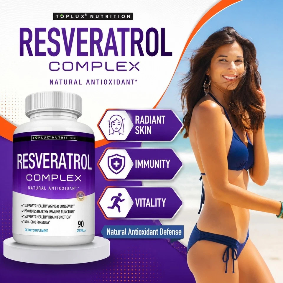 Resveratrol Complex 1800mg, Natural Antioxidant 90 Non-GMO Capsules