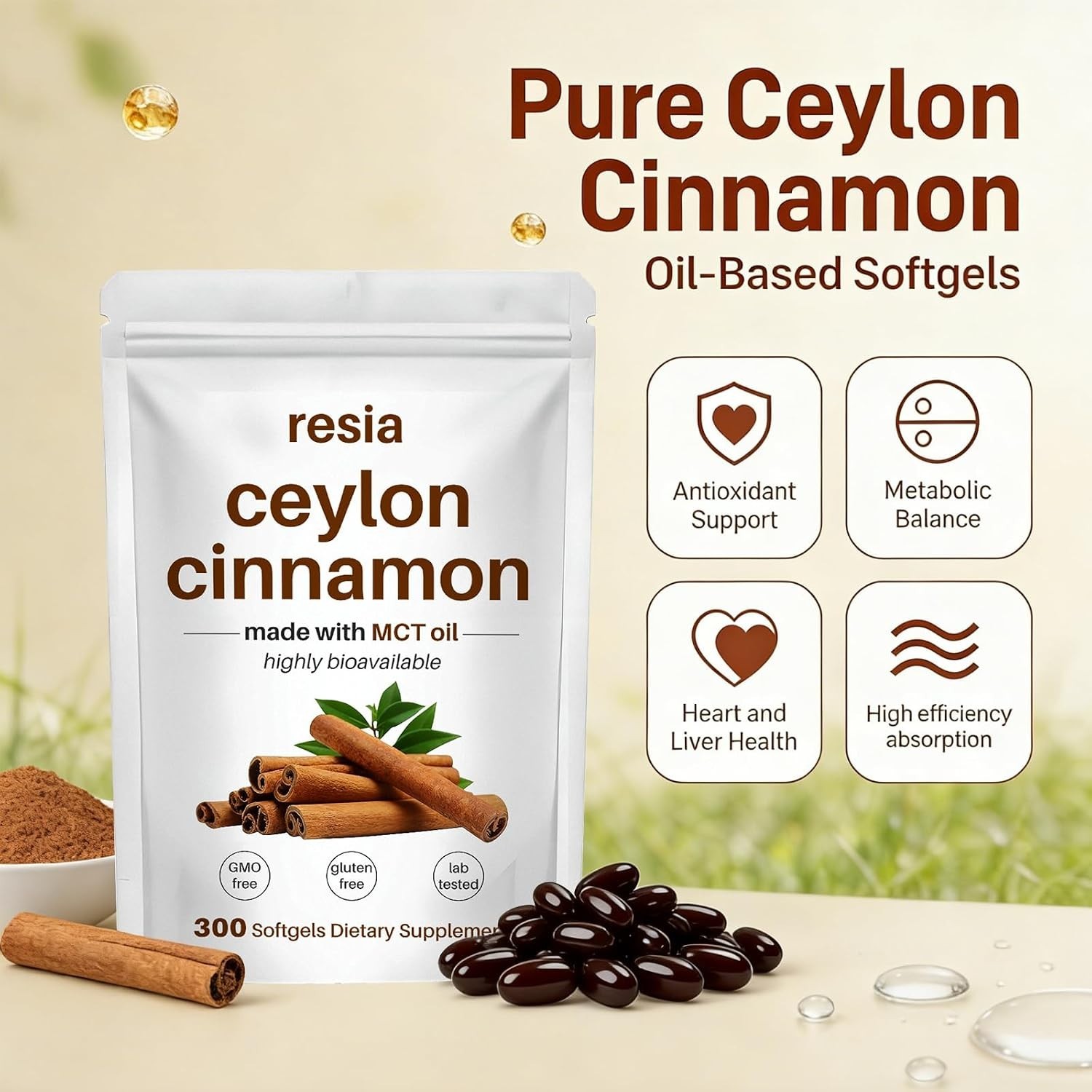 RESIA Ceylon Cinnamon Softgels with MCT Oil, Herbal Cinnamon Extract for Dail…
