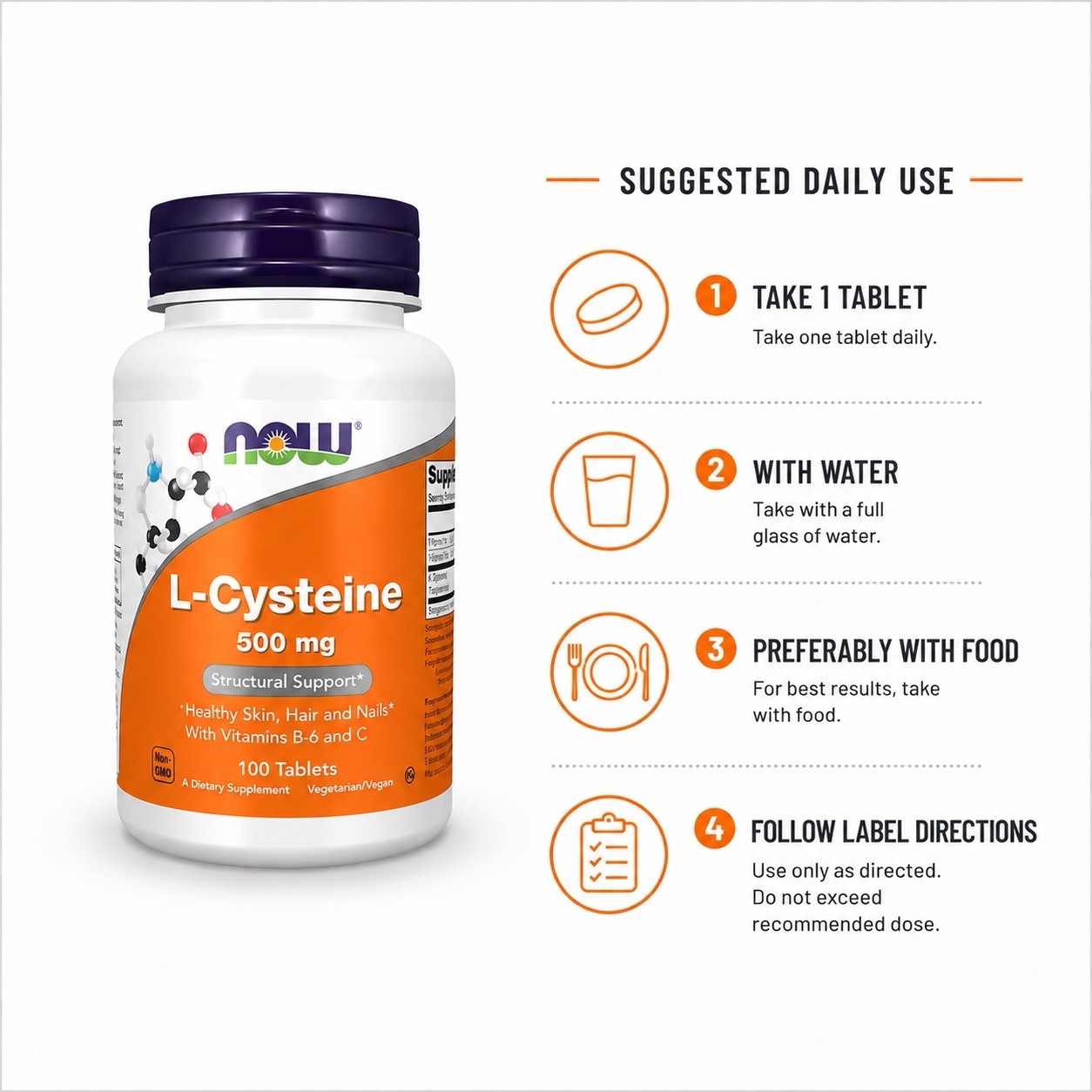 NOW L-Cysteine 500mg 100 Tablets Hair Skin Nails Antioxidant Detox Support