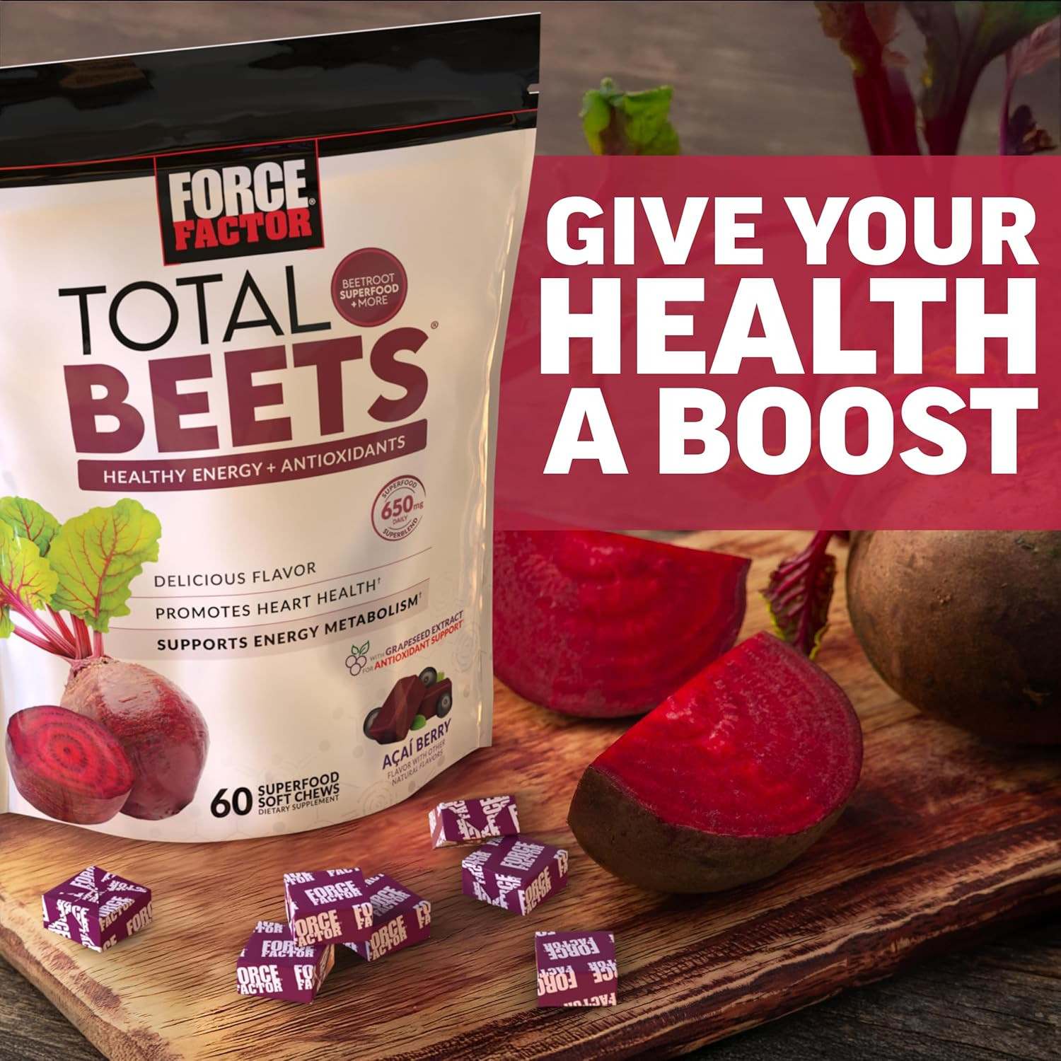Force Factor Total Beets Soft Chews with Beetroot, Nitrates, L-Citrulline, Grape