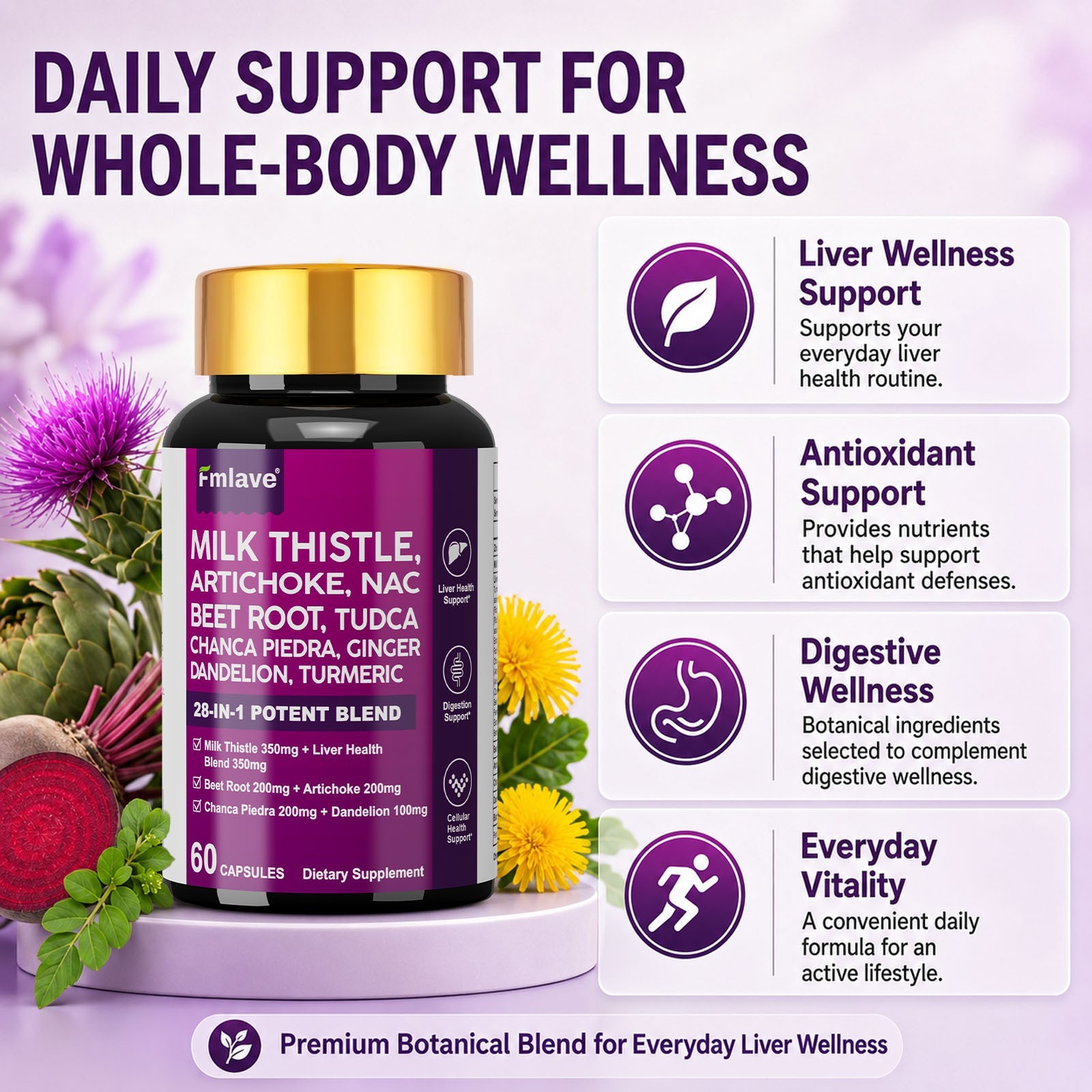 Milk Thistle (Silymarin 3500mg) Dandelion Turmeric Artichoke NAC – Liver Support