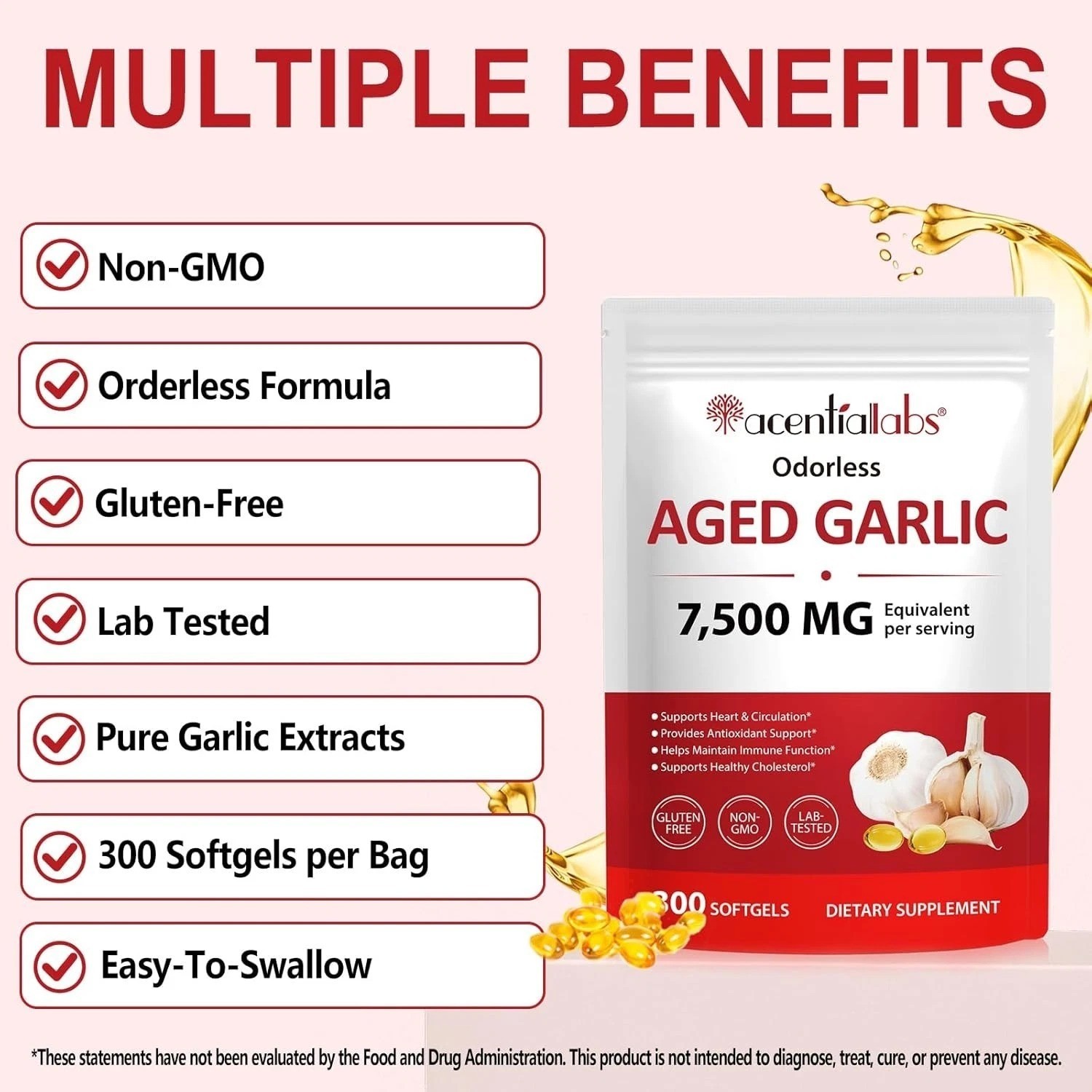 Odorless Garlic 7500Mg per Servings, 300 Softgels | 2 Years Aged Garlic Extra…