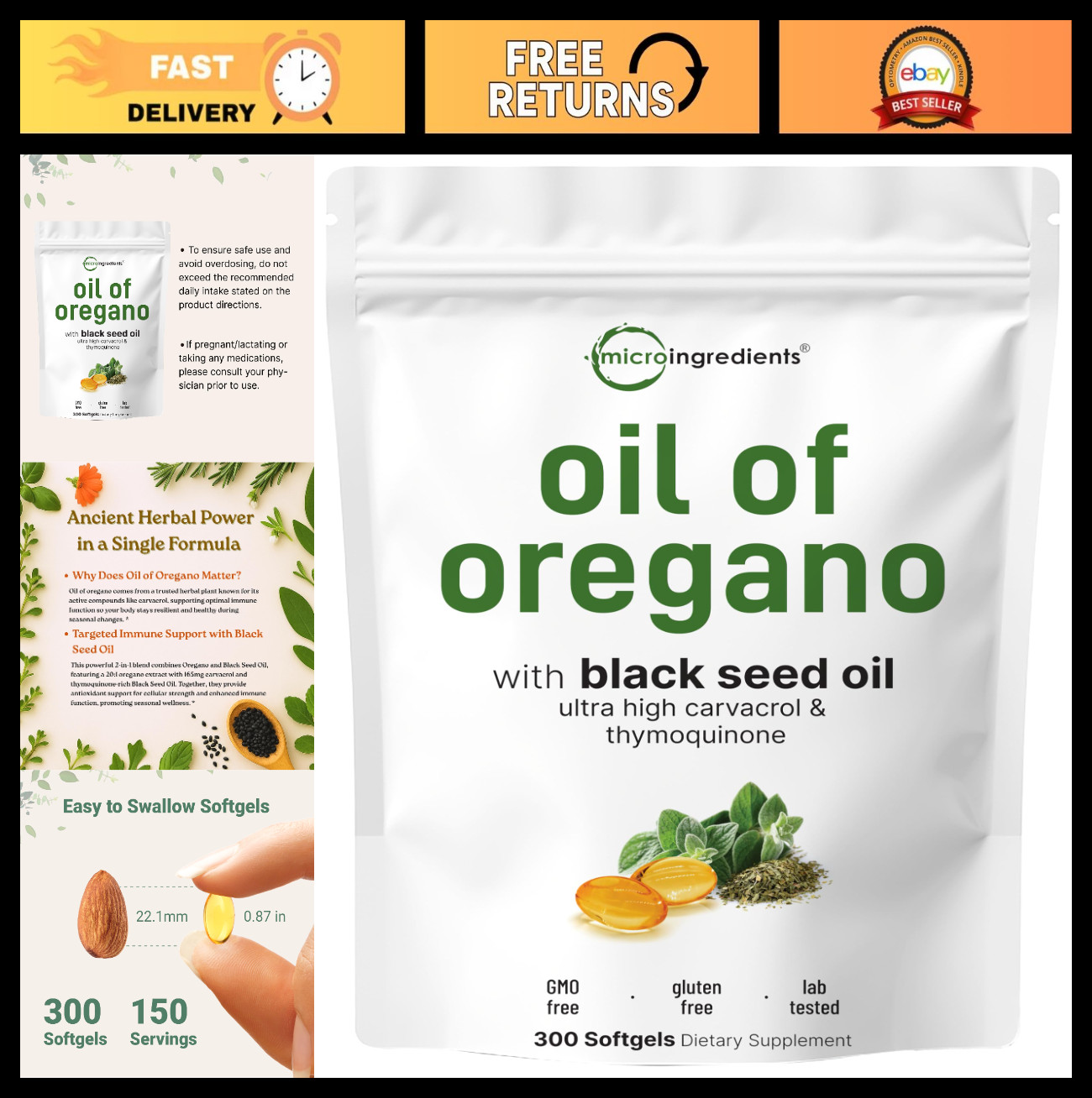 Oregano Oil Softgels 300ct | 2-in-1 Black Seed Oil | 4X Carvacrol & Thymoquinone