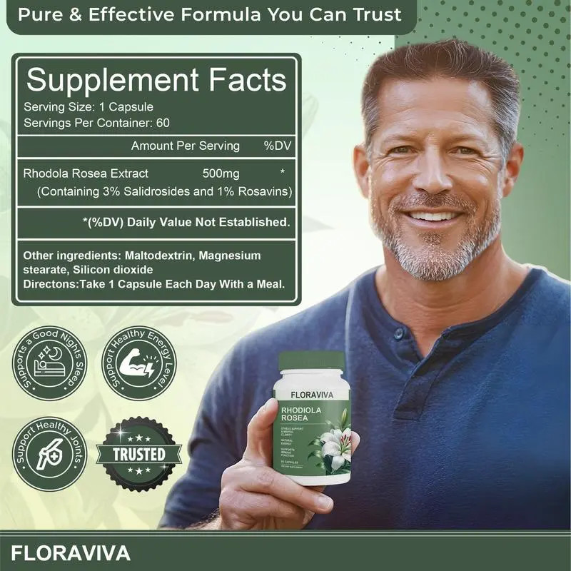 Floraviva Rhodiola Rosea Capsules for Stress Relief & Energy,Non-GMO