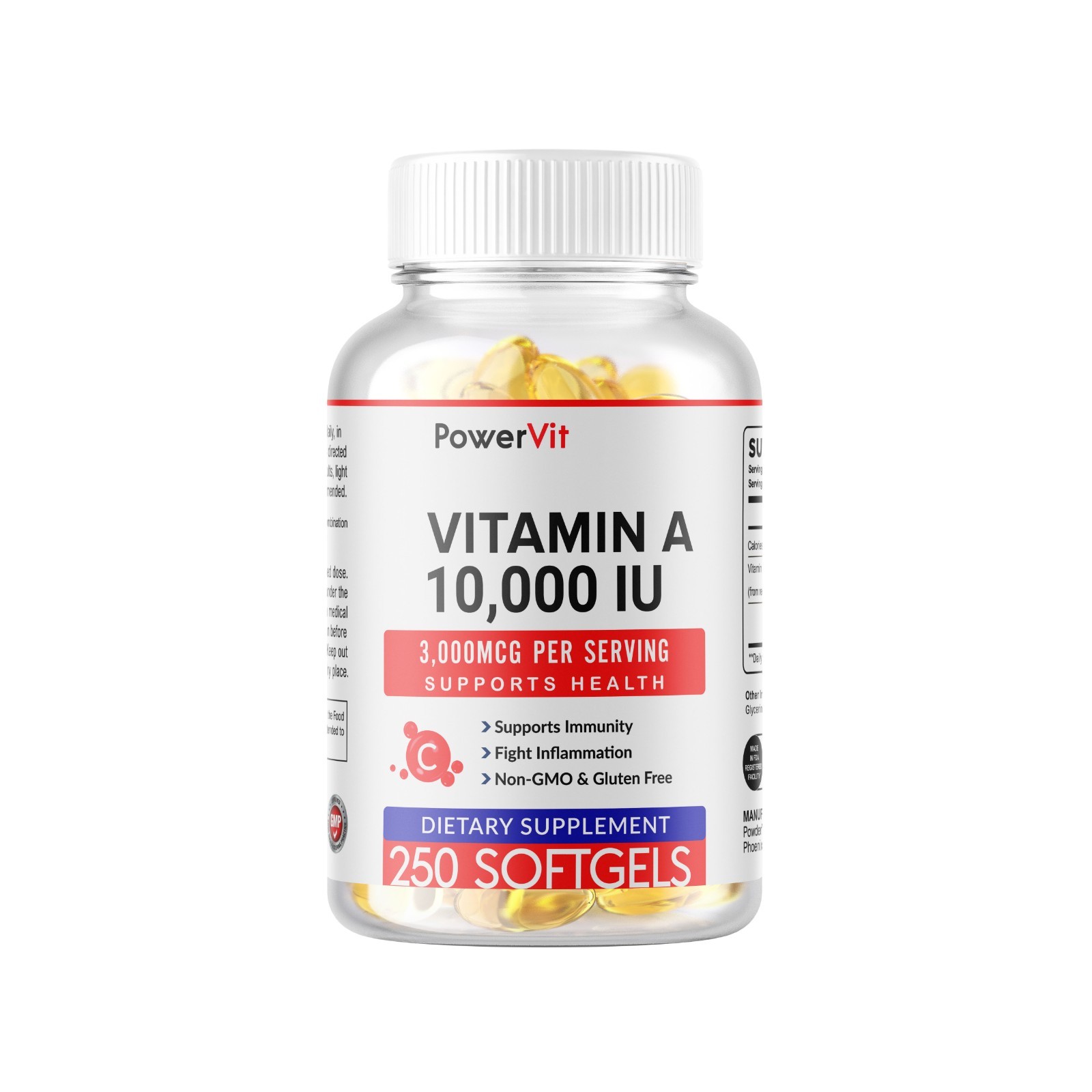Vitamin A 10000 IU 250 Softgels Servings Gluten Free Non-GMO USA