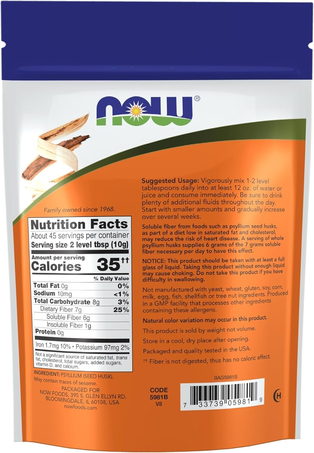 NOW Foods Whole Psyllium Husk Husks Soluble Fiber 1 lb 12/2028 EXP 16 oz