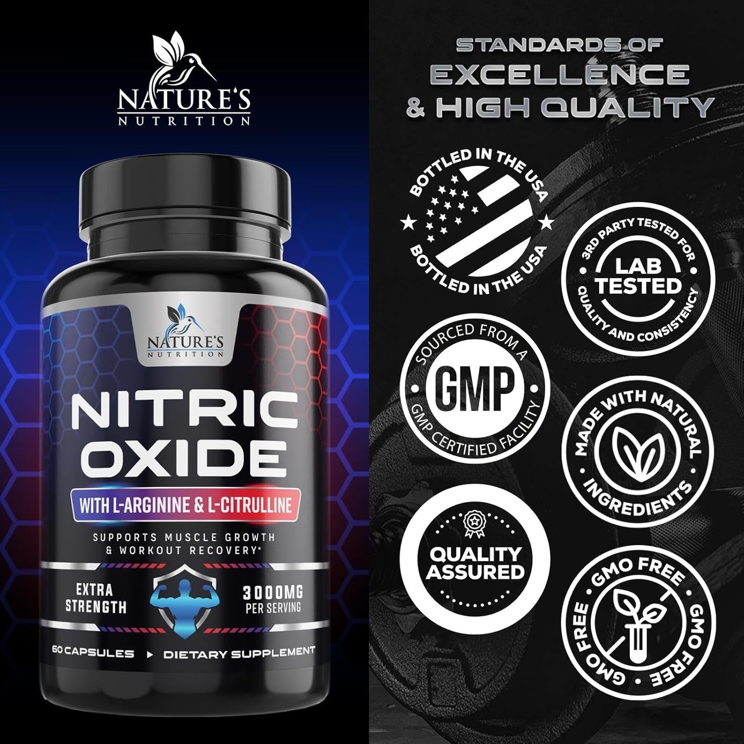 Nitric Oxide Booster 3000mg L-Arginine 3X Extra Strength Capsules