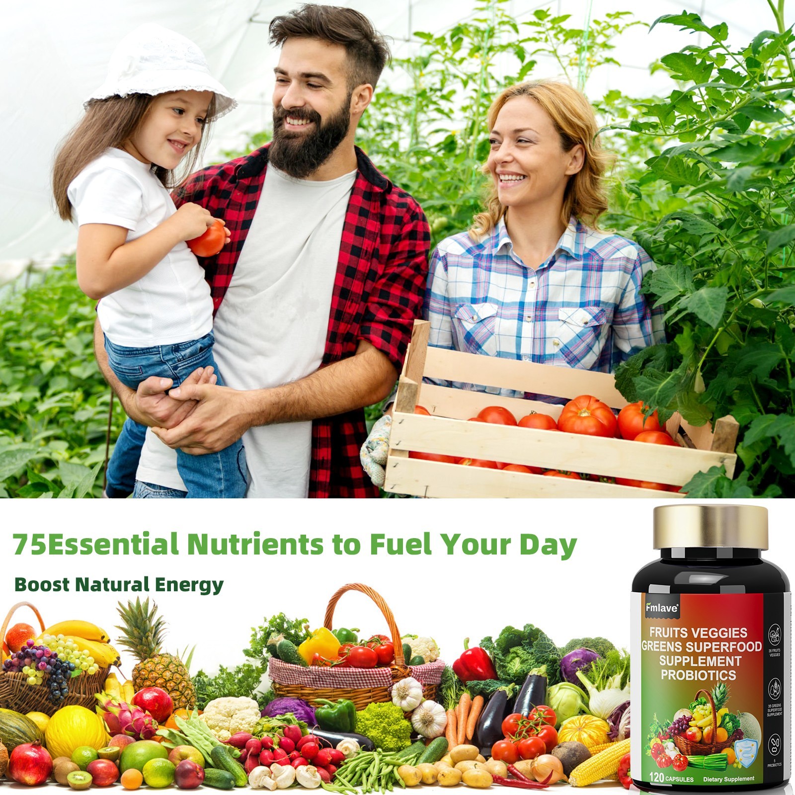 3pcs 70 Fruits and Veggies Whole Food Supplement w/ Probiotics for Gut 360 Count