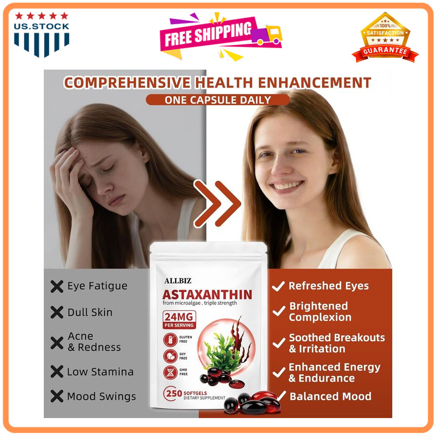 ALLBIZ Astaxanthin 24mg 250 Softgels Antioxidant Eye Skin Brain Liver Support