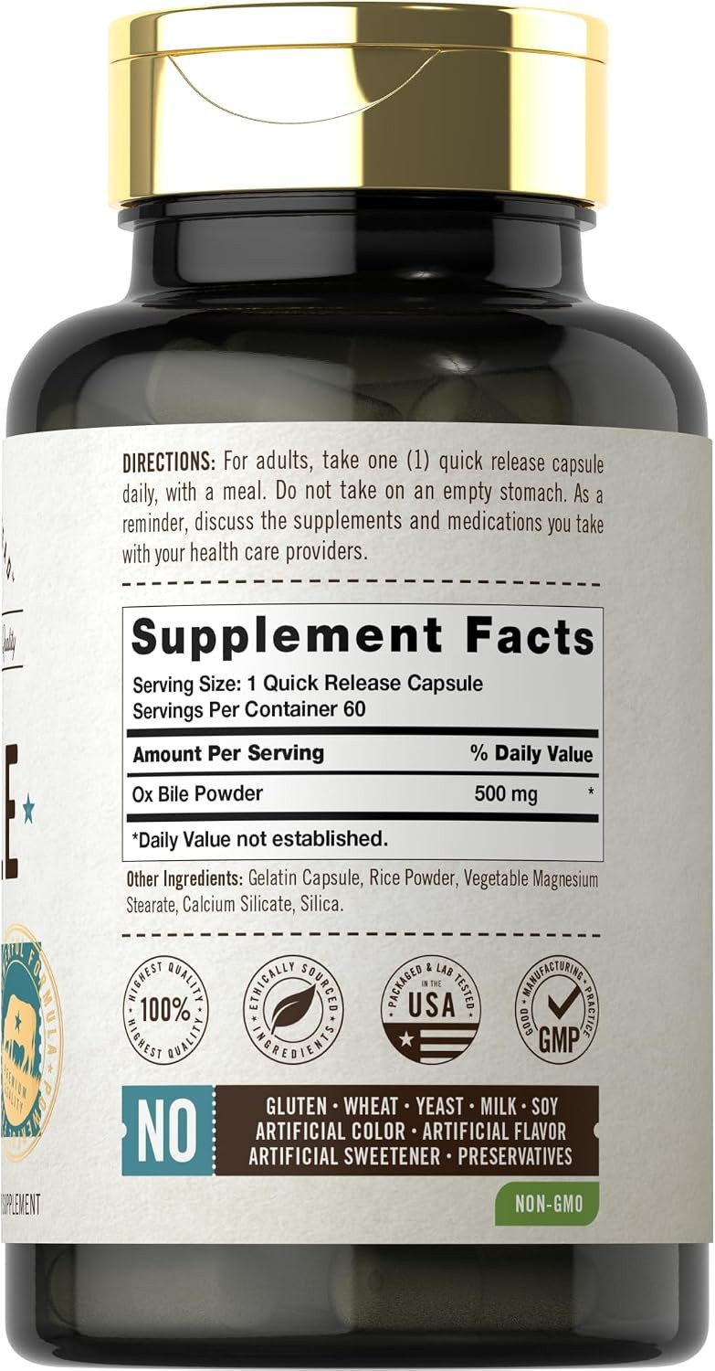 Ox Bile Supplement 500Mg 60 Capsules Digestive Enzyme Non-Gmo & Gluten Free by H