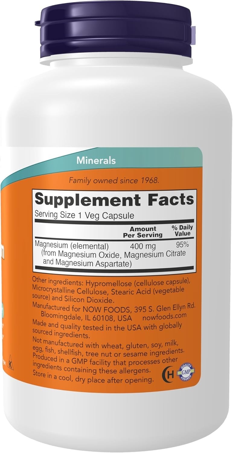 NOW Magnesium 400 mg 180 Veg Capsules Nervous System Support Non-GMO Vegan