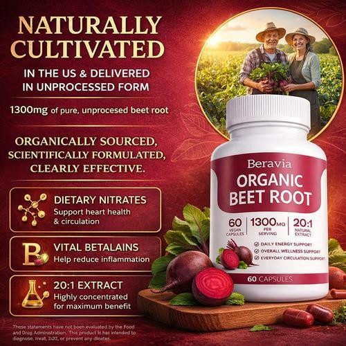 Beravia Organic Beet Root Capsules, Purely Natural, Non-GMO 60-Counts