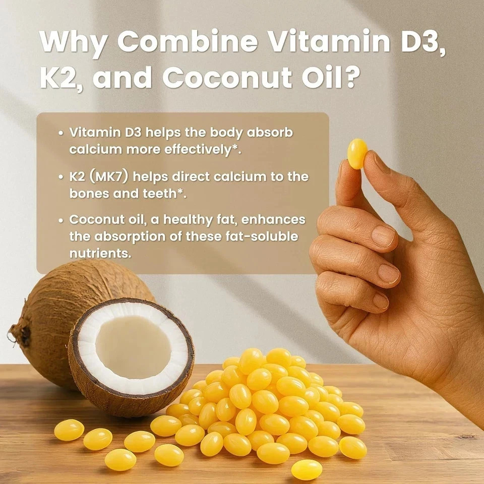 VEV Vitamin D3 Con K2 10000 IU, 300 kinds of virgin coconut oil softgels, 2-in-1