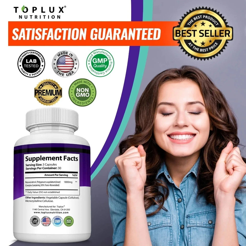 Resveratrol Complex 1800mg, Natural Antioxidant 90 Non-GMO Capsules