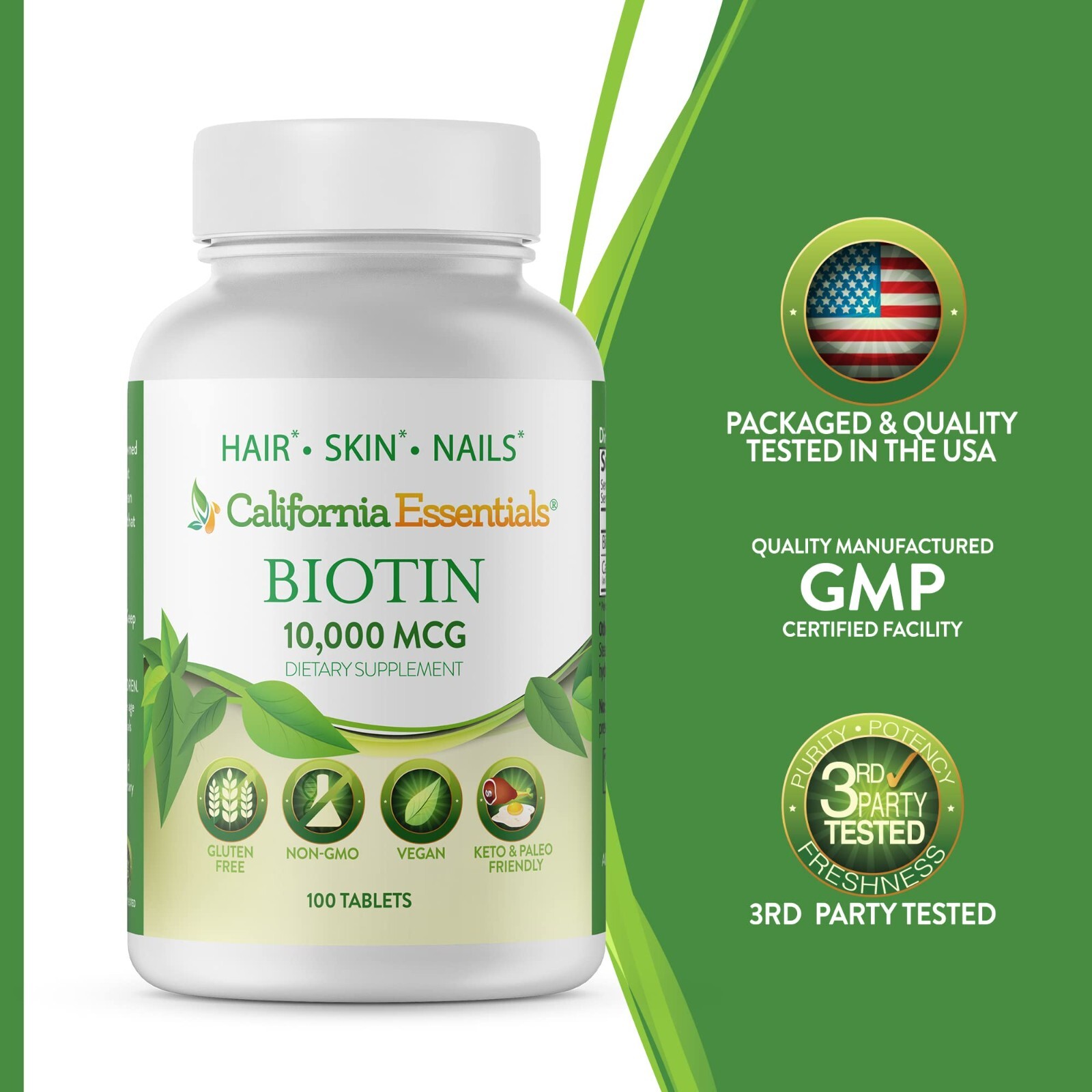 Biotin 10 000 mcg Maximum Strength High Potency 100 Tablets Hair Skin and Nails
