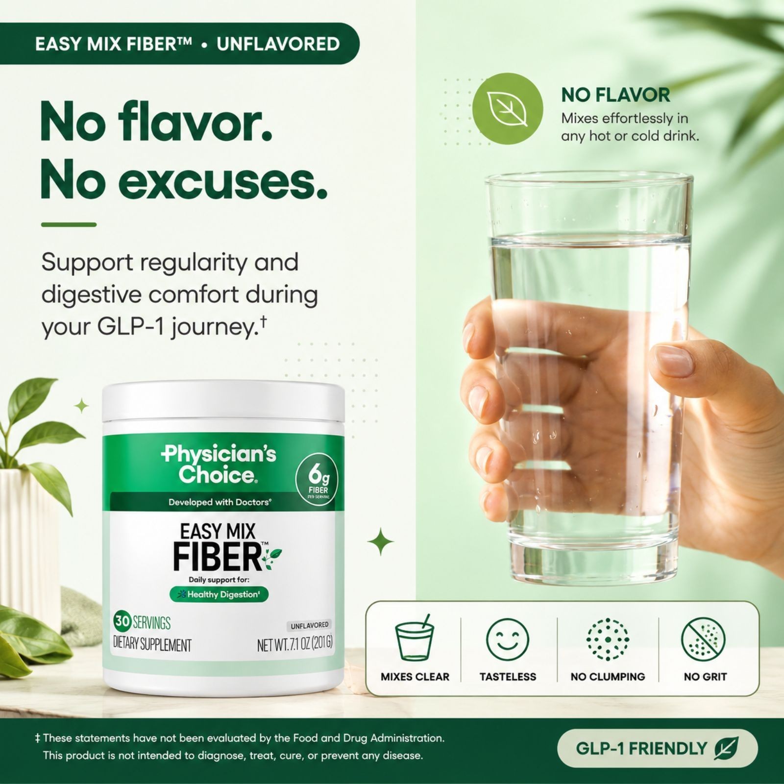 Physician’s CHOICE Easy Mix Prebiotic Fiber Powder, Unflavored, 6g Fiber