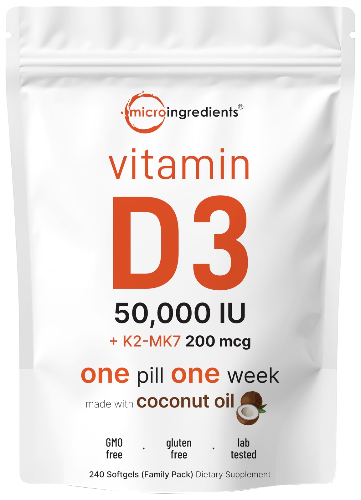 Vitamin D3 50000 IU Plus K2 MK-7 200 mcg 240 Virgin Coconut Oil Softgels