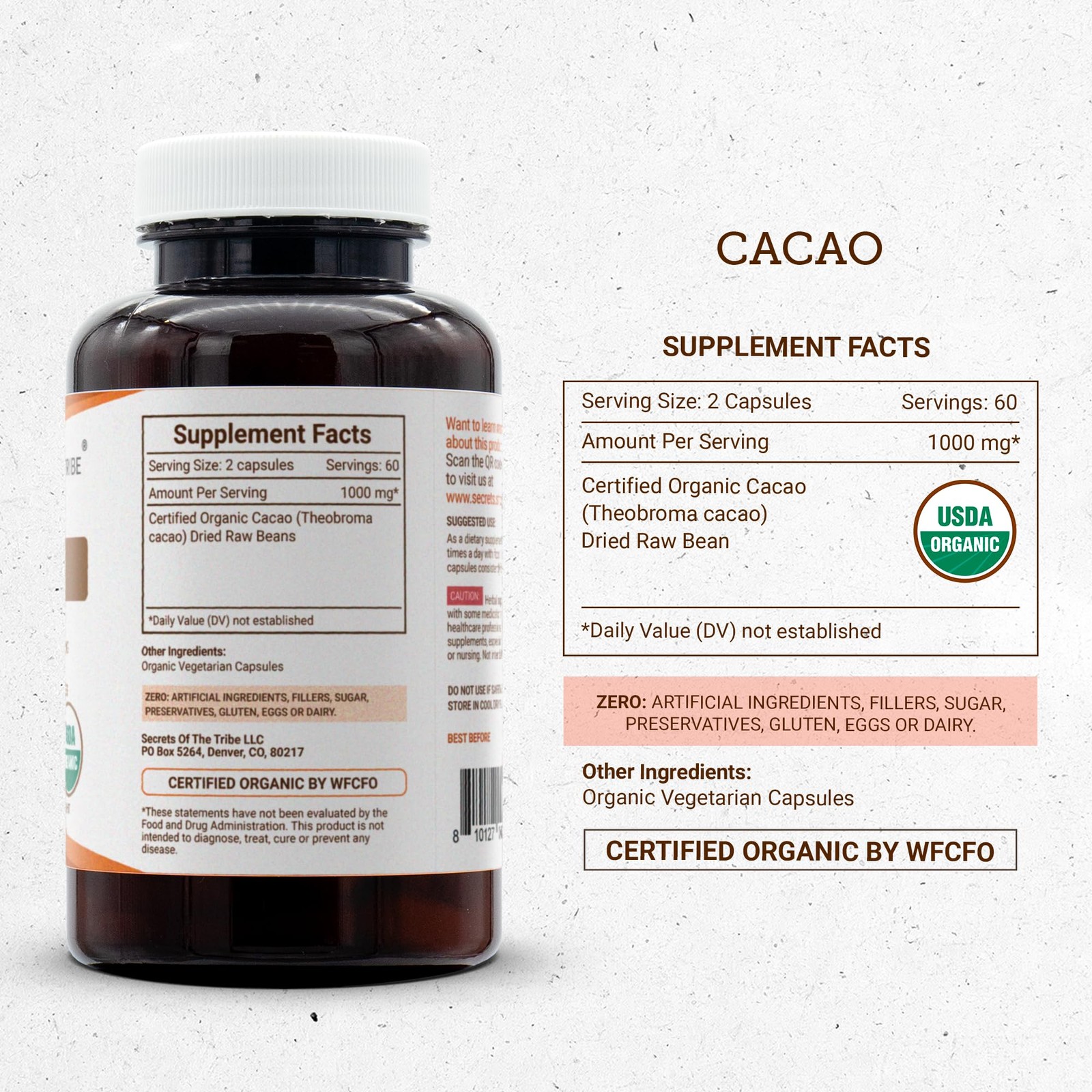 Secrets of the Tribe Cacao 120 Capsules, 1000 mg, USDA Organic Cacao (Theobro…