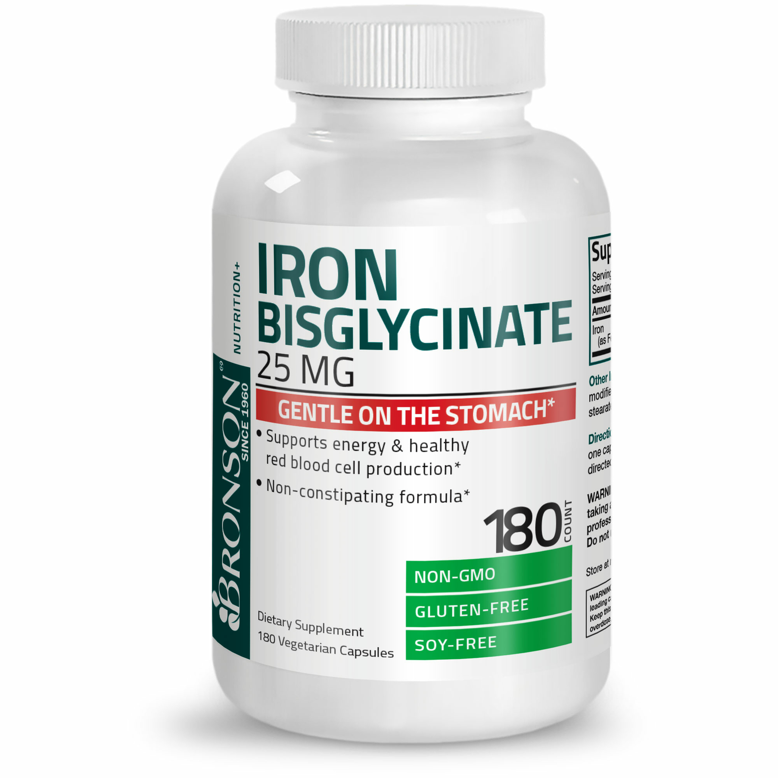 Bronson Iron Bisglycinate 25mg Supports Energy Non-Constipating 180 Veg Capsules