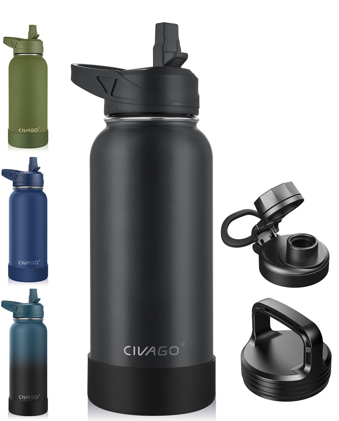 CIVAGO 32 oz Insulated Water Bottle With Straw, Stainless 32 Ounces, Black