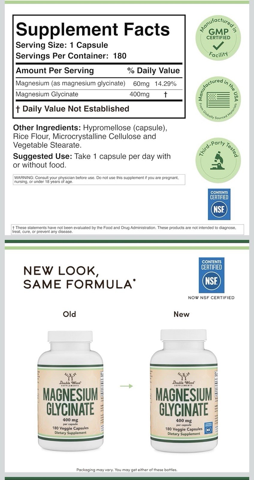 Double Wood Supplements Magnesium Glycinate 400mg 180 Veggie Capsules NSF GMP
