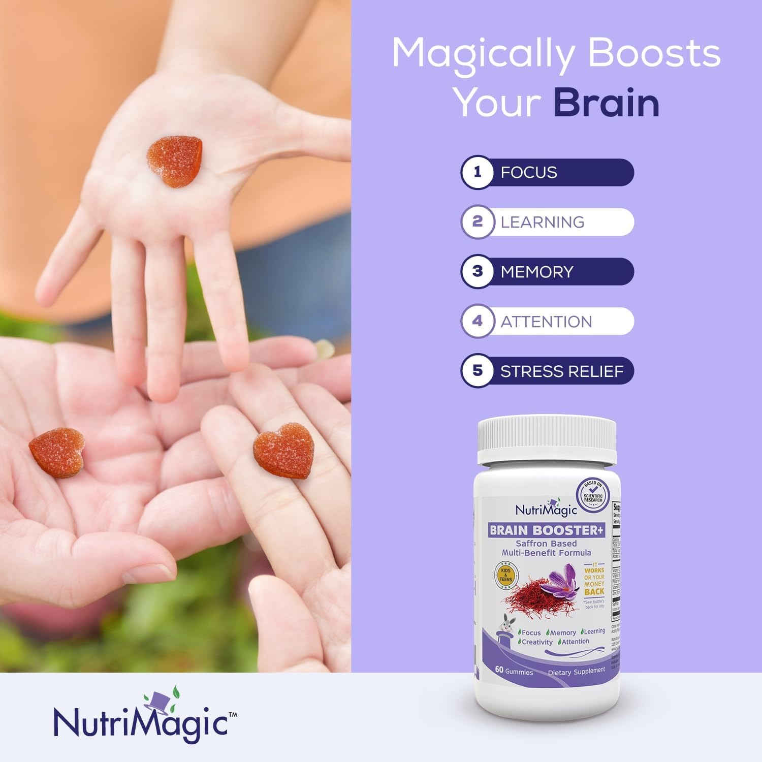 NutriMagic Kids Brain Booster Saffron Extract Gummies Focus Memory Multivitamin