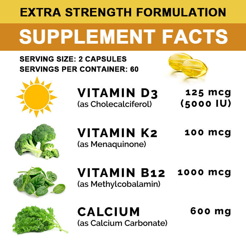 Vitamin B Complex 120Capsules Vitamin b12 D3+K2 &Calcium,Immune Support