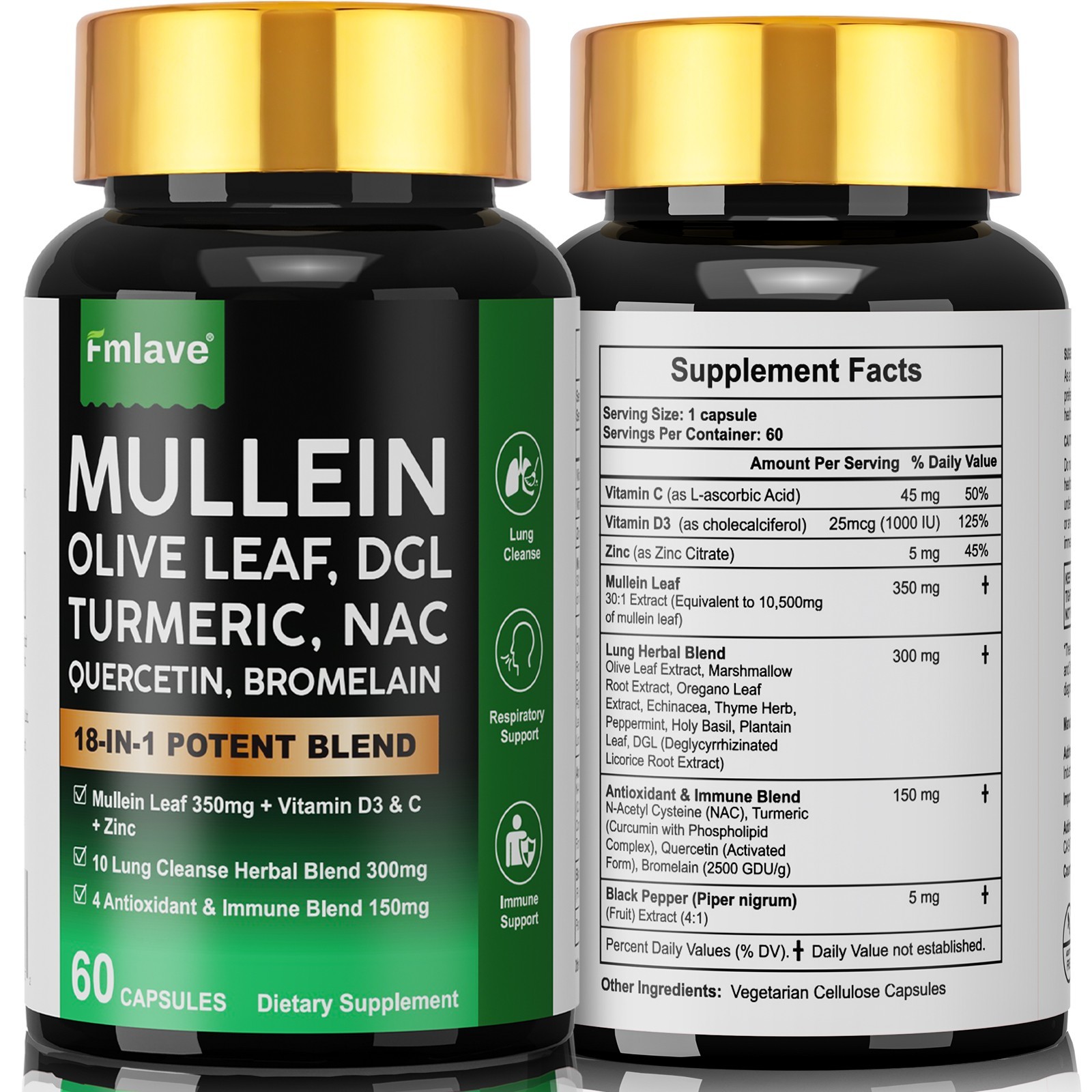 Mullein Leaf Capsules for Lung Cleanse and Detox, Respiratory Health Herbal 60ct