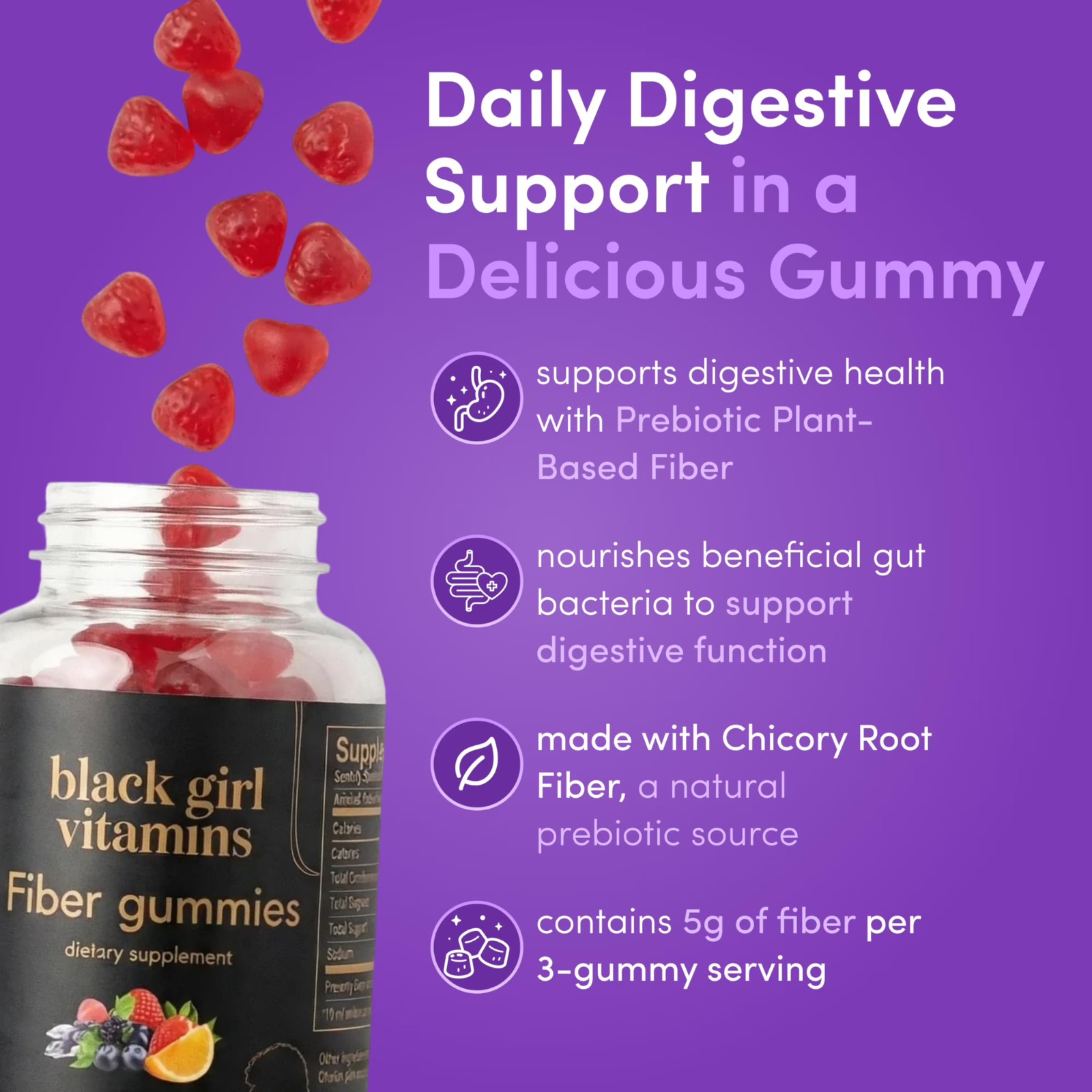 Black Girl Vitamins Prebiotic Fiber Gummies Orange Berry 30 Day Supply