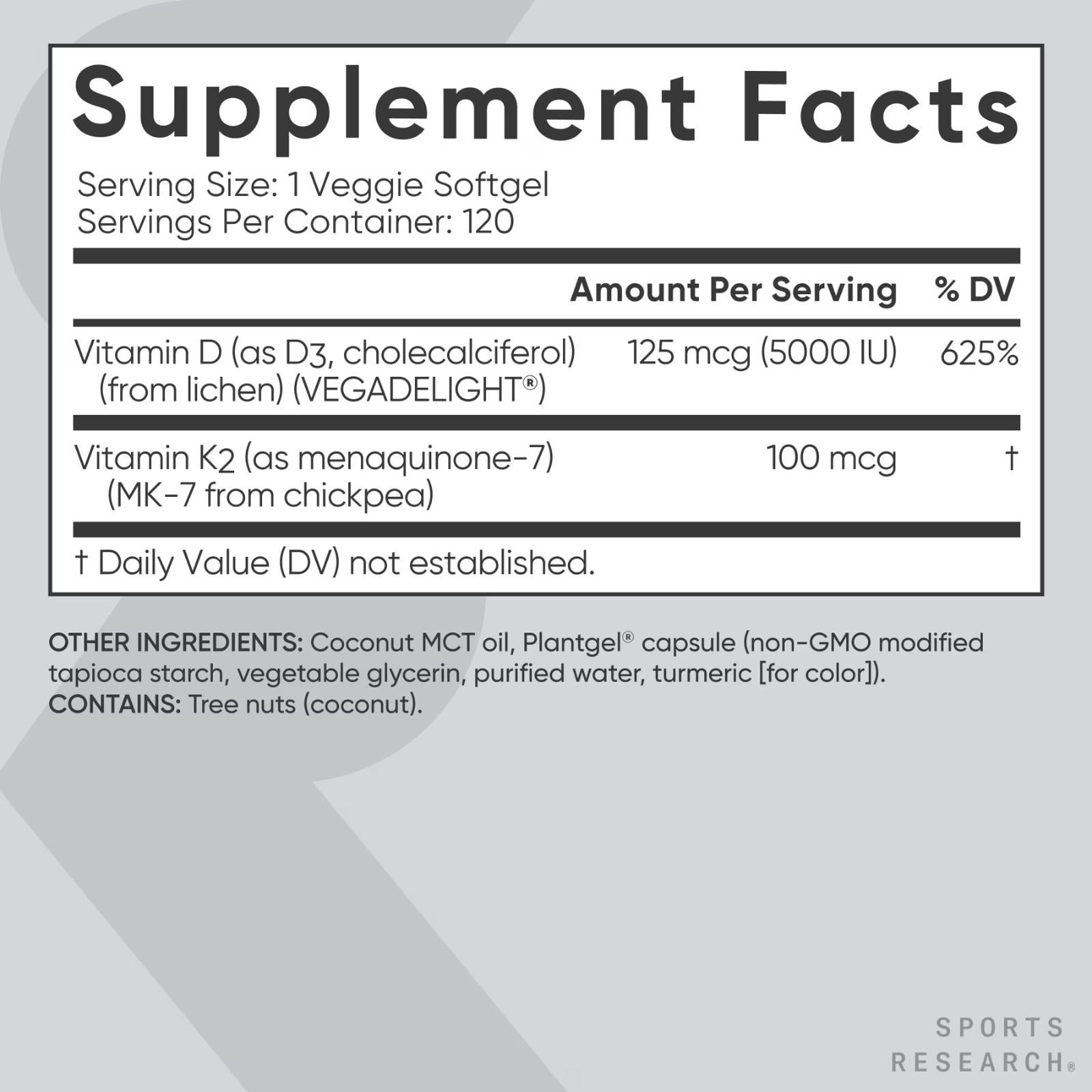 Vitamin D3 + K2 5000iu Plant-Based D3 + 100mcg Vitamin K2 as MK-7 – 120 Softgels