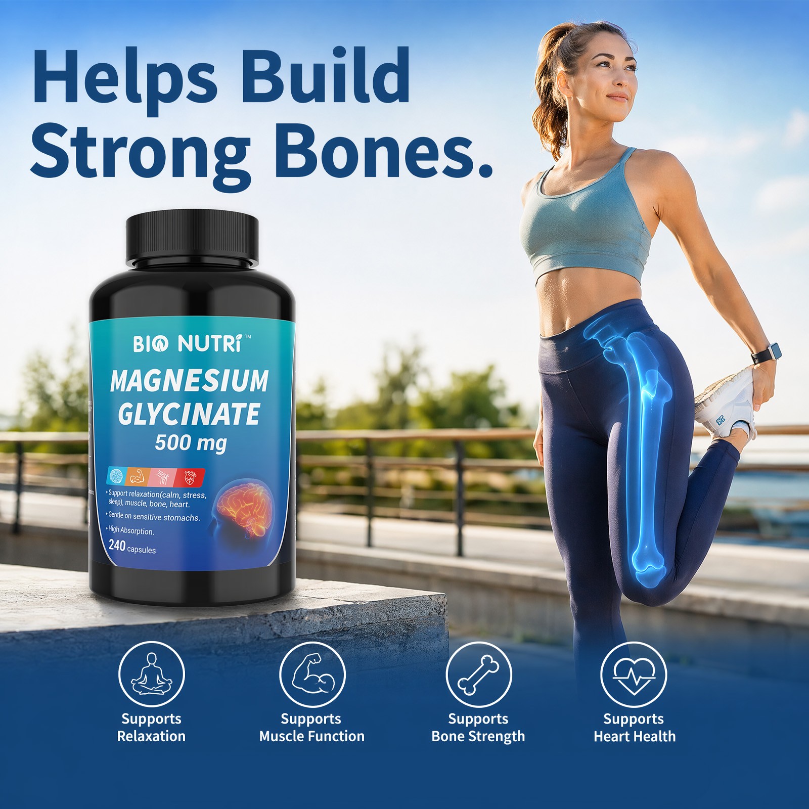 Magnesium Glycinate 500mg – 240 Capsules For Sleep, Stress Relief Support Bone