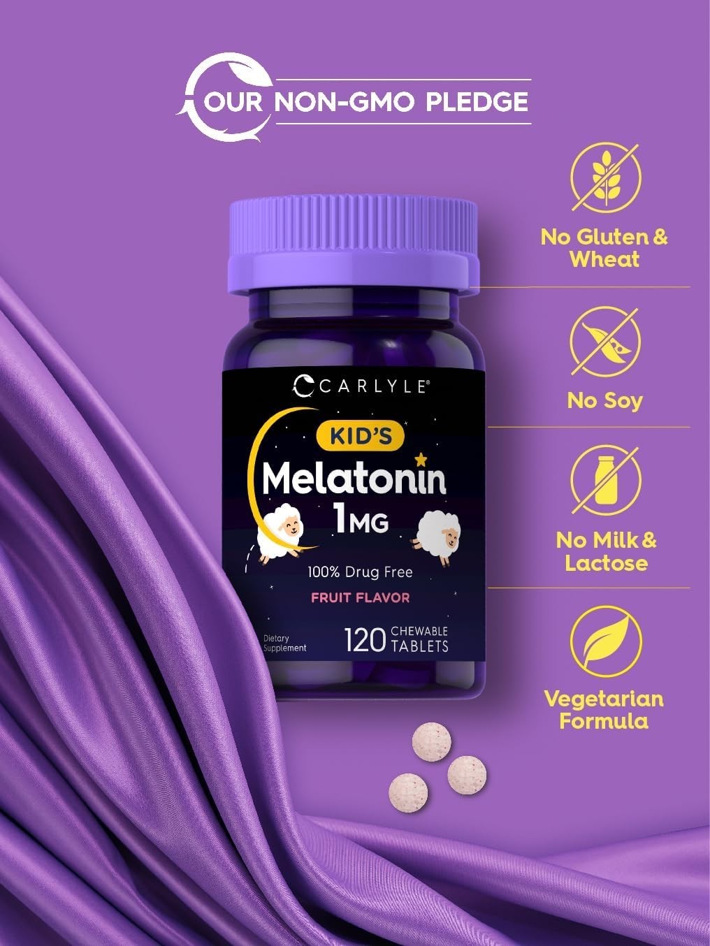 Carlyle Kids Melatonin 1mg 120 Chewable Tablets Fruit Vegetarian Gluten Free Non