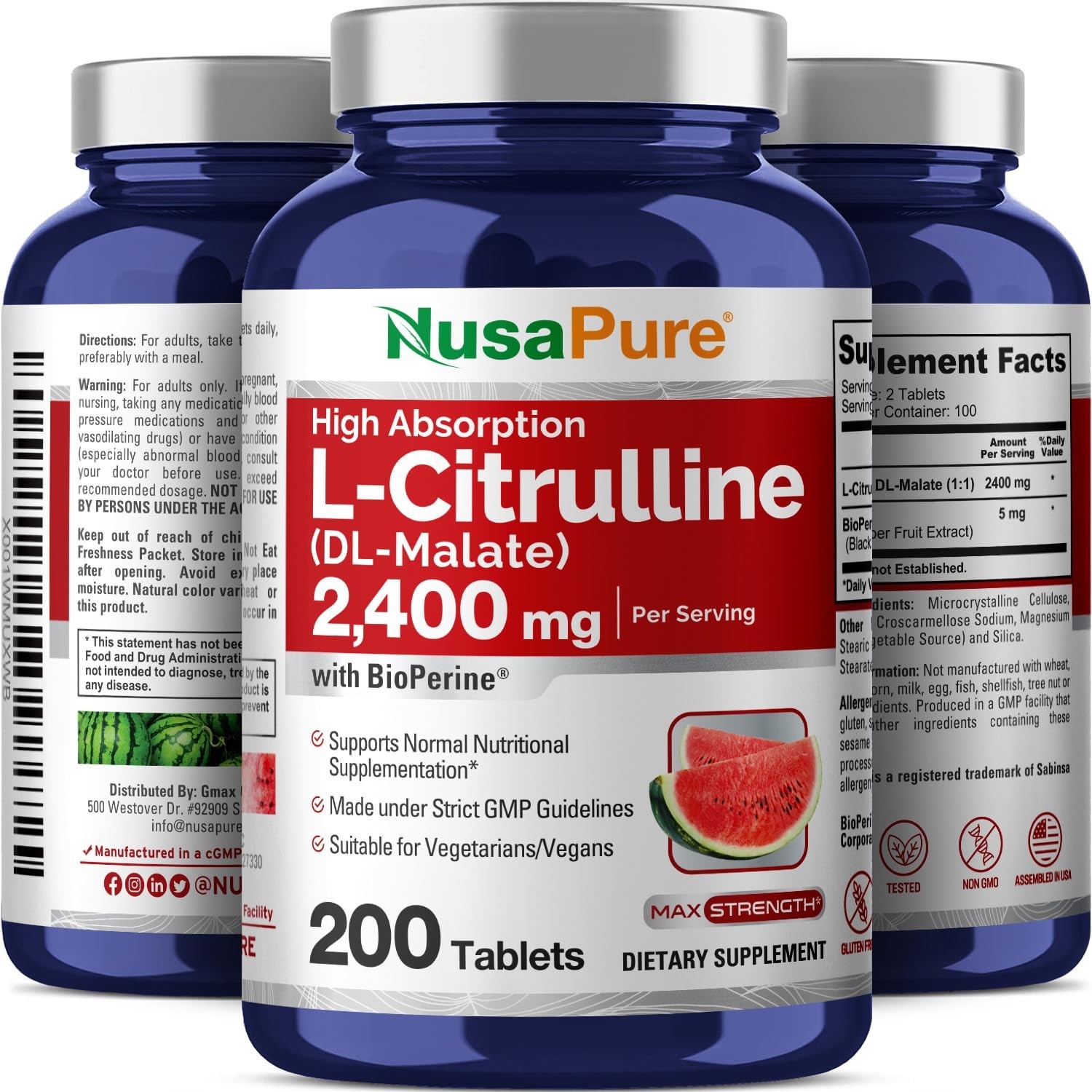 L-Citrulline 2400mg – 200 Veggie Tablets, Non-GMO, Gluten-Free, 100-Day Supply