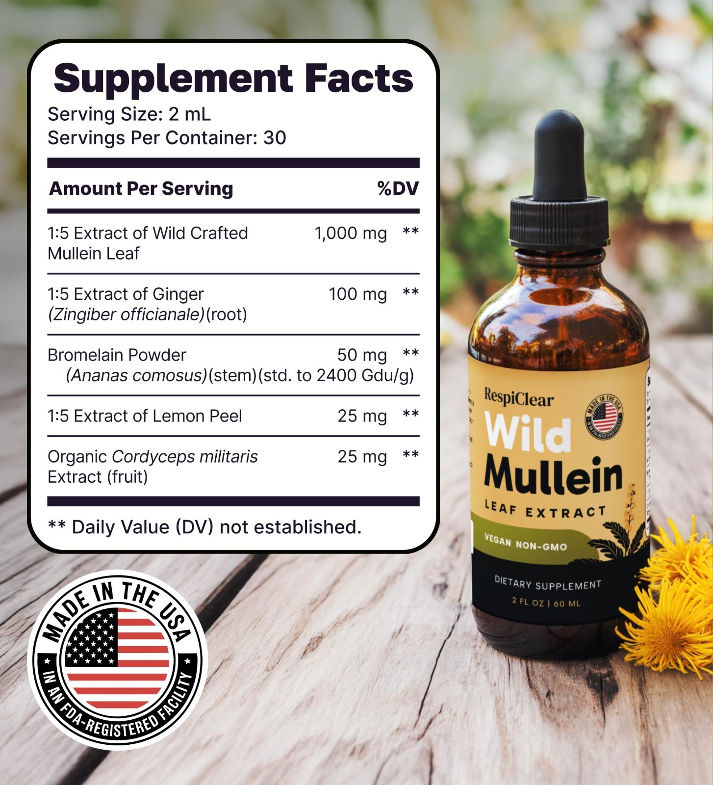 Natural Mullein Drops with Ginger & Lemon – Lung Cleanse & Detox, 2 Fl oz