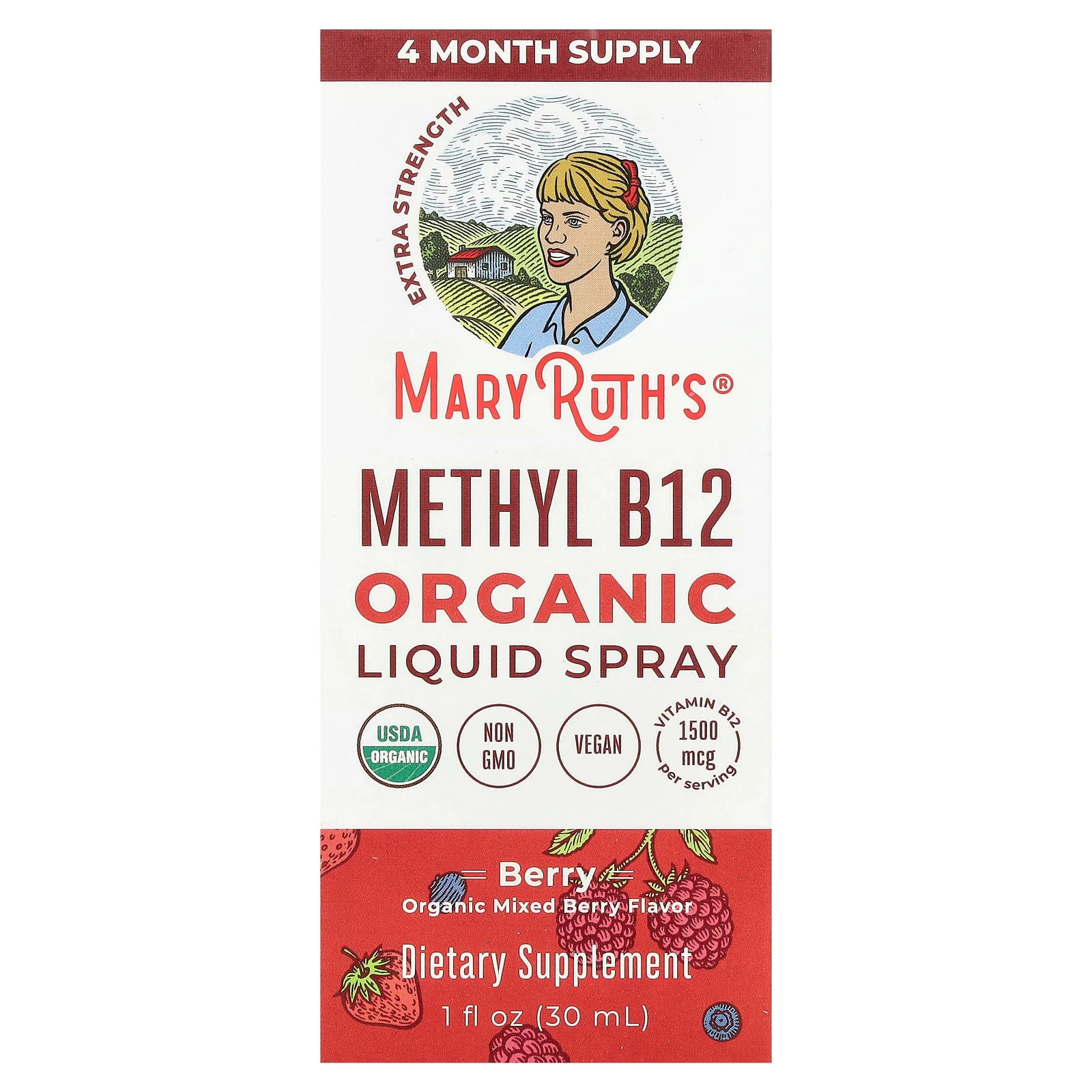 2 X MaryRuth’s, Organic Methyl B12 Liquid Spray, Berry, 1,500 mcg, 1 fl oz (30