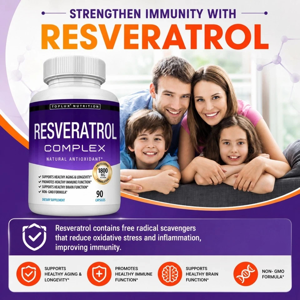 Resveratrol Complex 1800mg, Natural Antioxidant 90 Non-GMO Capsules