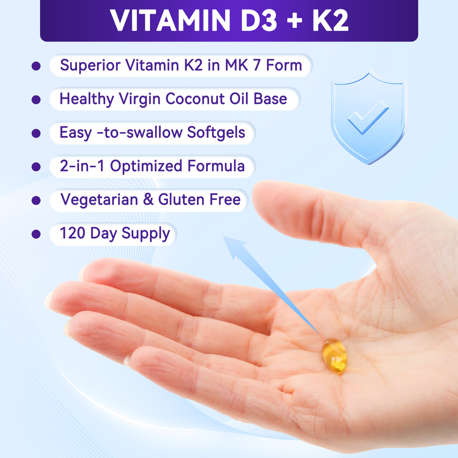 2-in-1 Formula Vitamin D3 4000IU (100 mcg) & 200 mcg K2 MK-7, Easy to Swallow