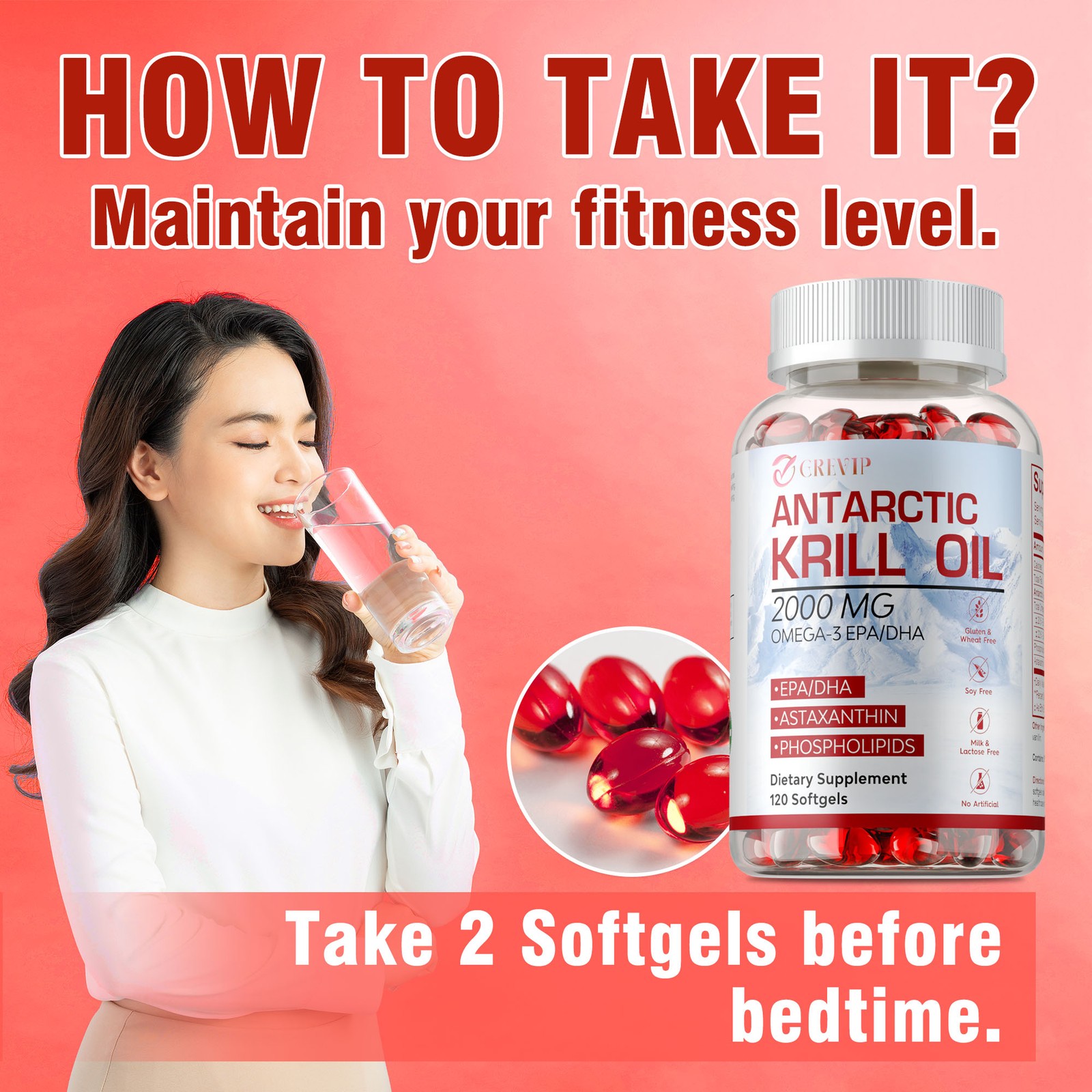 Antarctic Krill Oil 2000mg – Omega 3 EPA, DHA,Astaxanthin- Joints & Heart Health