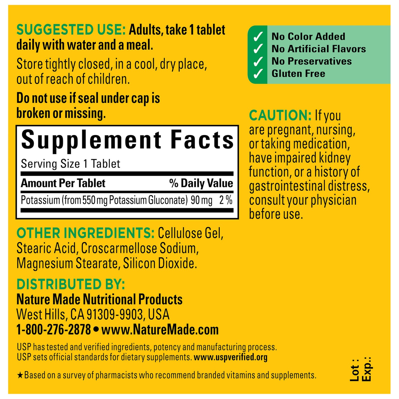 Nature Made Potassium Gluconate 550 mg, 100 Count (Pack of 1), A