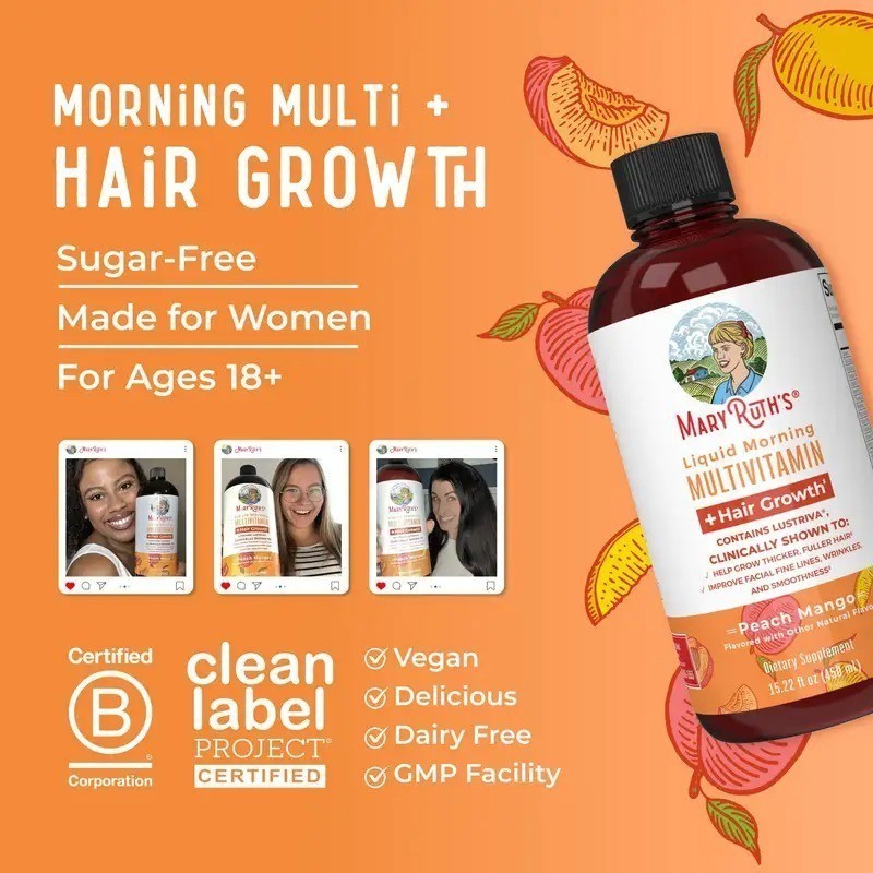 2 BOTTLES–MaryRuth’s Liquid Morning Multivitamin Hair Growth Peach Mango flavor