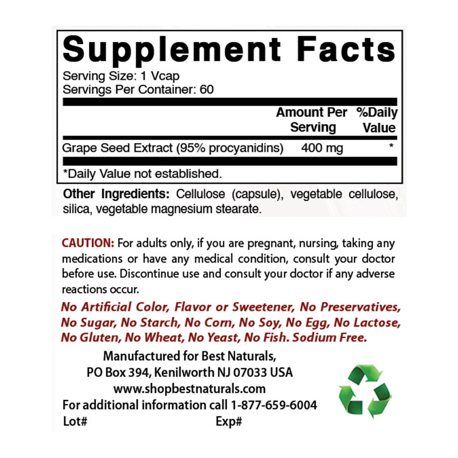 2 Pack Best Naturals, Grape Seed Extract 400 mg 60 Vcaps *Cardiovascular Health*