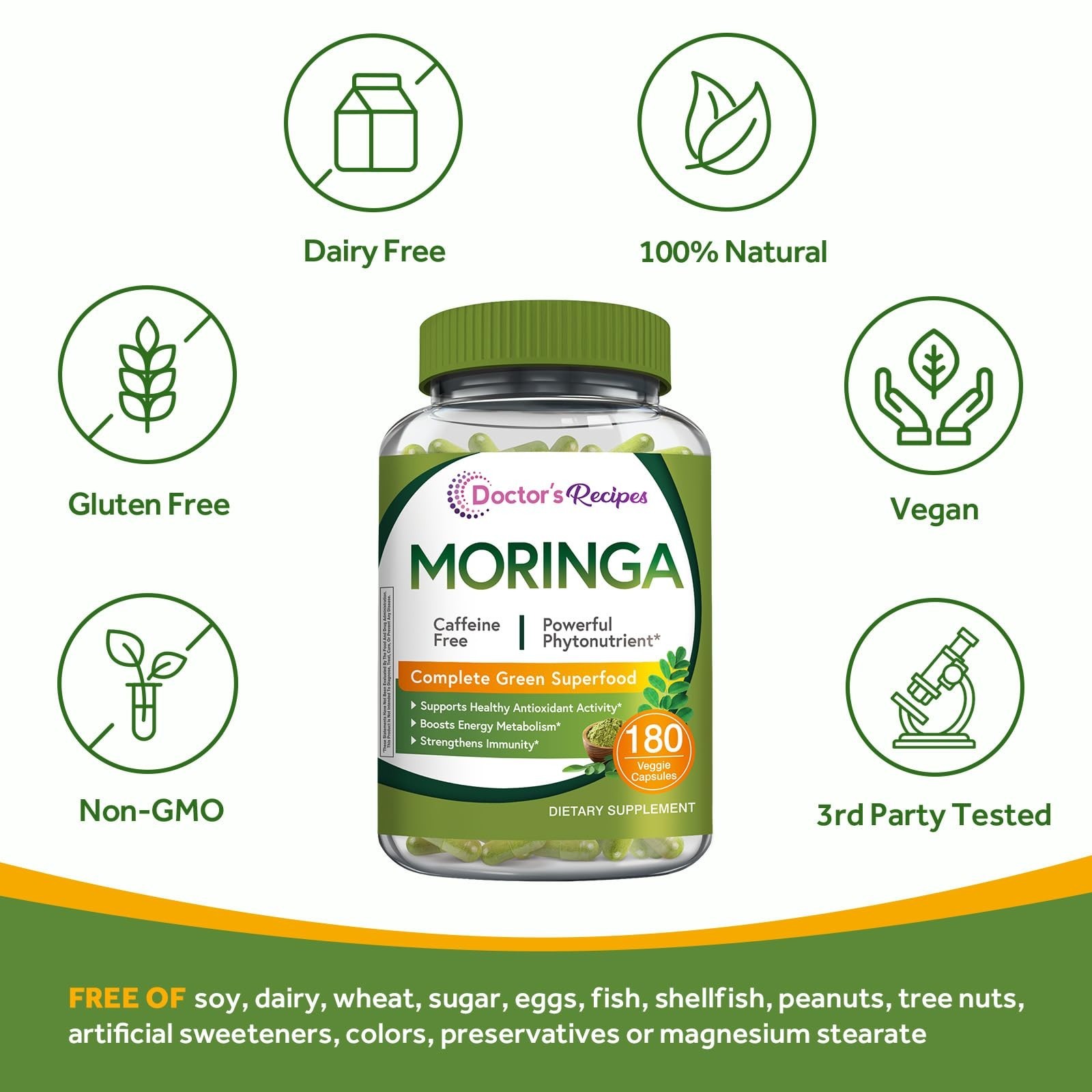 Moringa Oleifera Superfood Capsules – 180 Vegan Caps, Antioxidant Support, Non-G