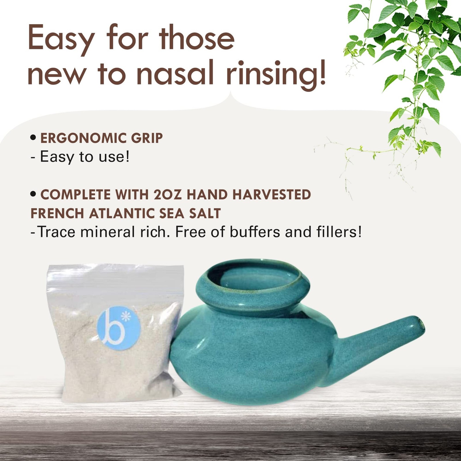 Baraka USA Ceramic Neti Pot w/ 2oz Mineral Sea Salt – Saline Nasal Rinse f