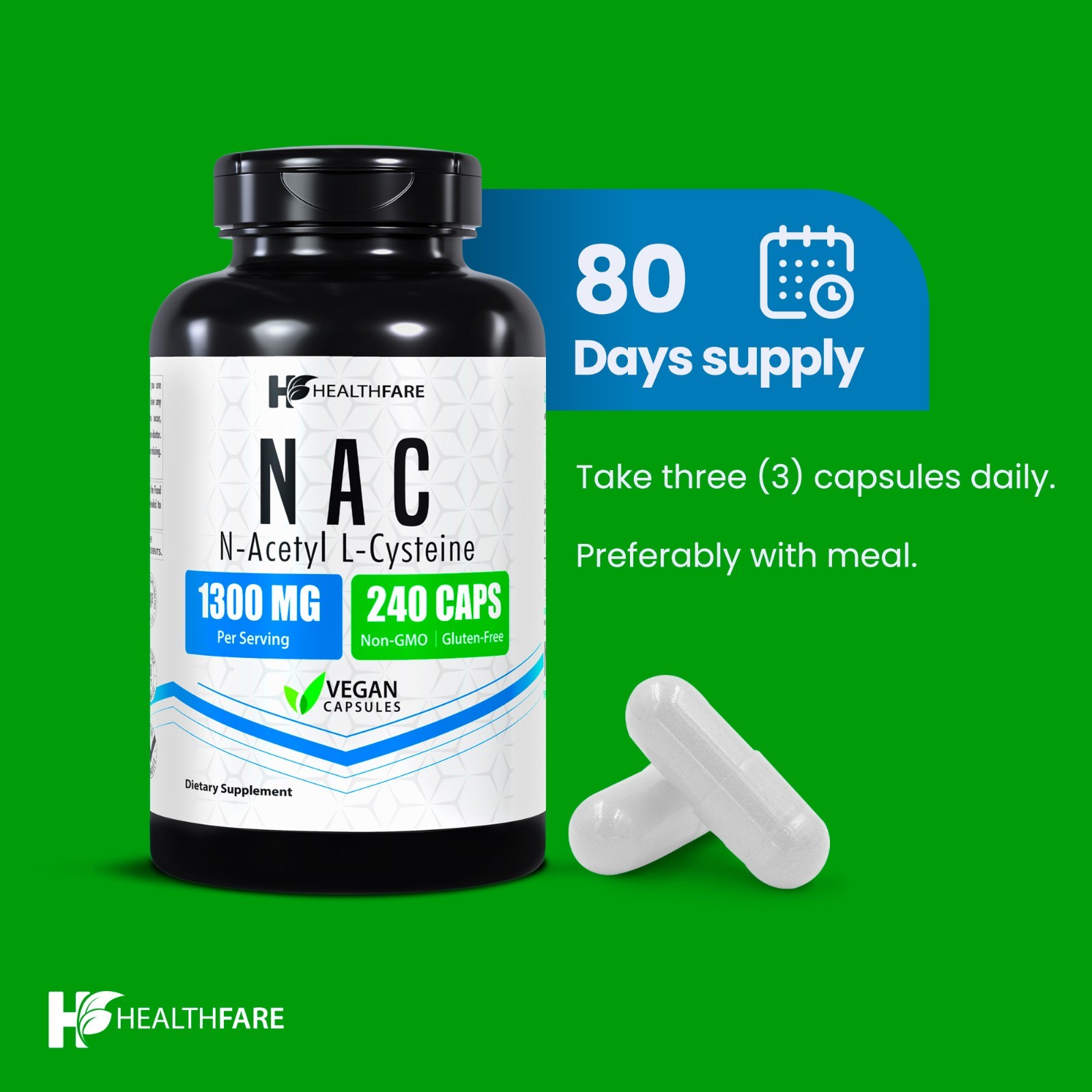 Healthfare N-Acetyl L-Cysteine (NAC) 1300mg | 240 Capsules Max Strength Veg Caps