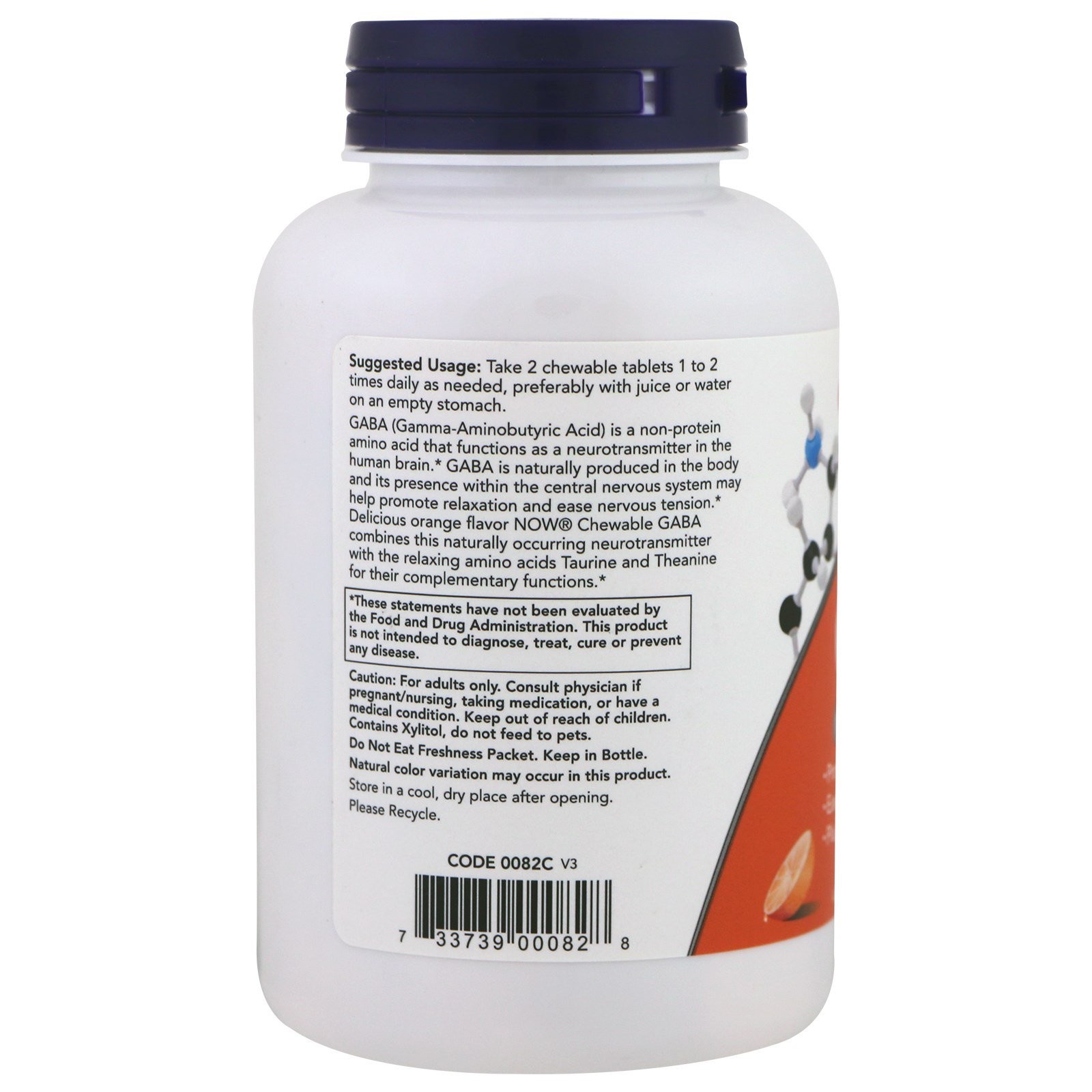 Now Foods Chewable GABA Natural Orange Flavor 90 Chewables GMP Quality Assured,